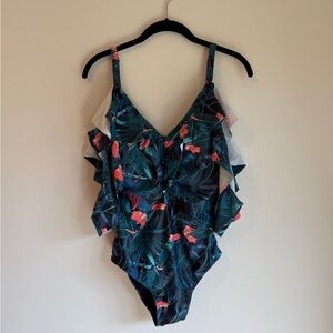 Nicole Miller Tropical Swimsuit with Ruffle Sleeve Detail NWT, size M